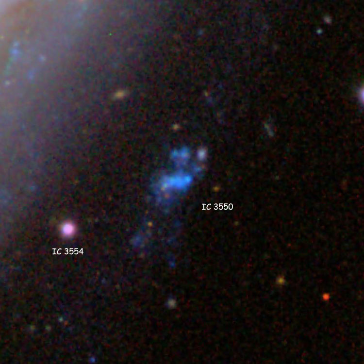 SDSS image of emission region IC 3550, a star-forming region in spiral galaxy NGC 4559, also showing the foreground star listed as IC 3554
