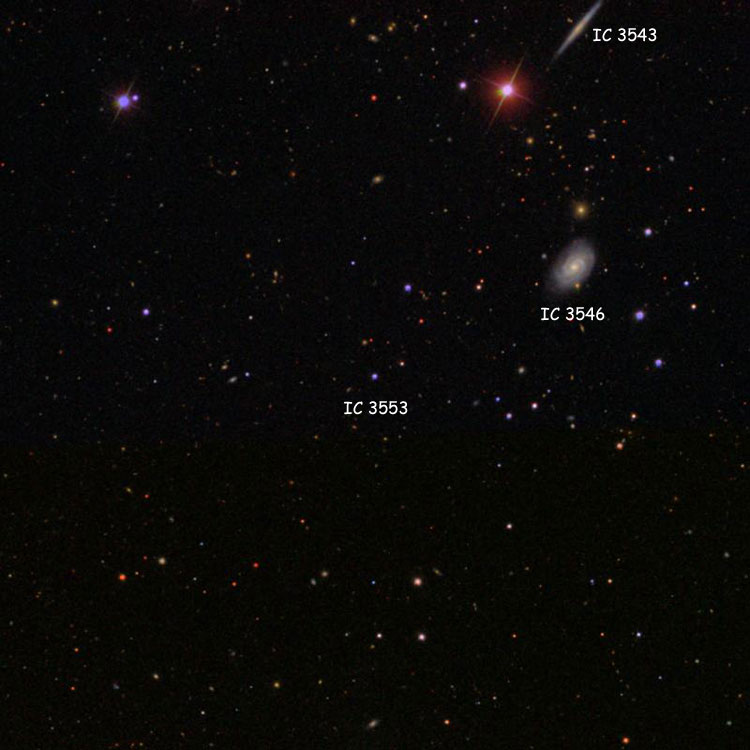 SDSS image of region near the star listed as IC 3553, also showing spiral galaxies IC 3543 and 3546