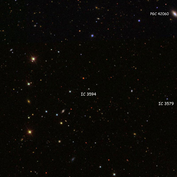 SDSS image of region near the star listed as IC 3594, also showing the star listed as IC 3579 and spiral galaxy PGC 42060, which is often misidentified as IC 3582