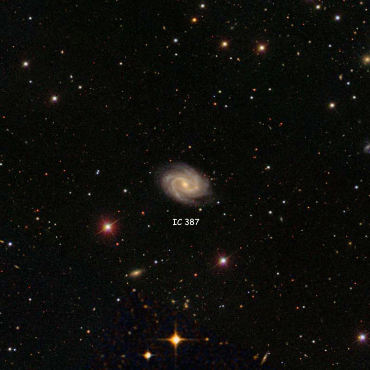 SDSS image of region near spiral galaxy IC 387 overlaid on a DSS background to fill in missing areas