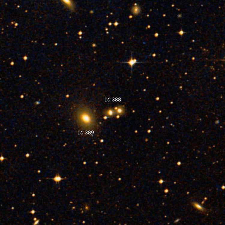 DSS image of the three stars and two galaxies that comprise IC 388, also showing IC 389