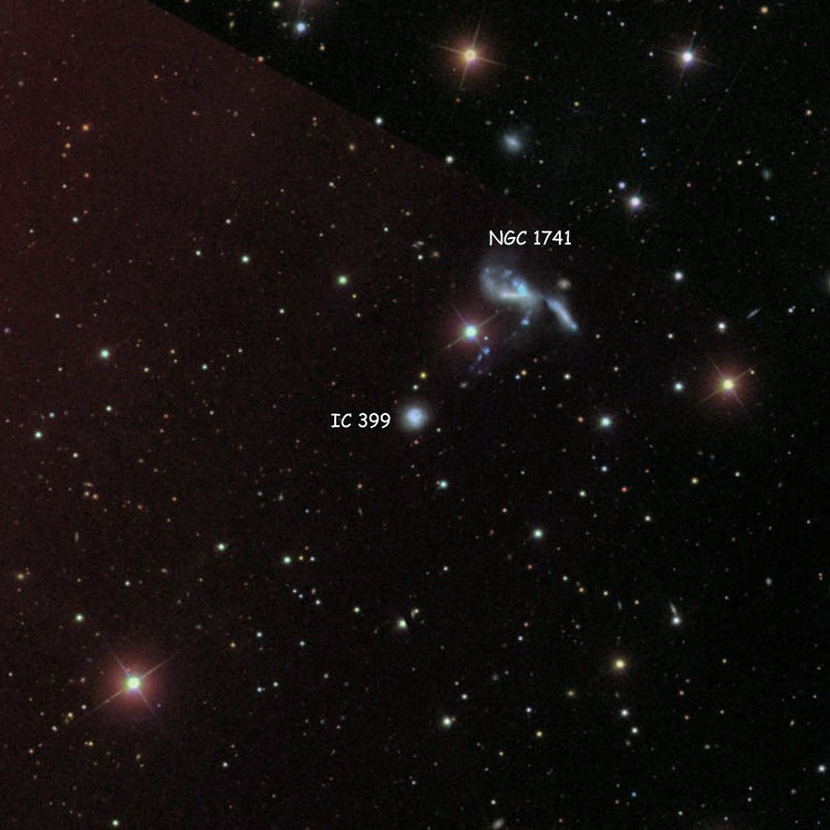 SDSS image of region near irregular galaxy IC 399, also showing galaxy group NGC 1741, which is also known as Arp 259 and Hickson Compact Group 31