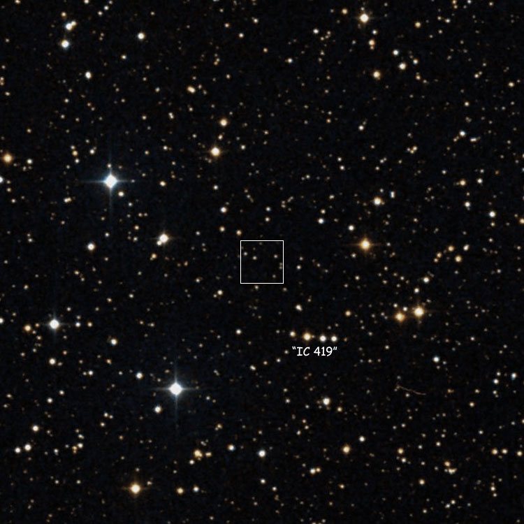 DSS image of region near the possibly lost or nonexistent IC 419, showing the line of four stars that may be Wolf's object