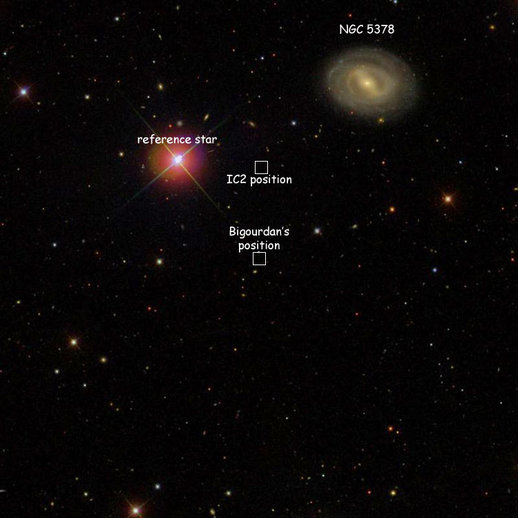 SDSS image of region near Bigourdan's corrected position for IC 4353, also showing NGC 5378 and the IC2 position for IC 4353