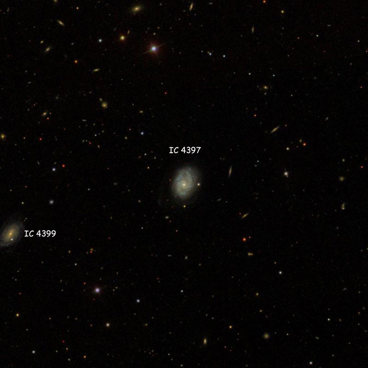 SDSS image of region near spiral galaxy IC 4397, also showing IC 4399