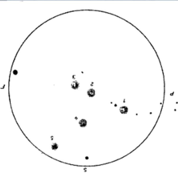 Barnard's sketch of the region near IC 4562, IC 4564, IC 4565, IC 4566 and IC 4567