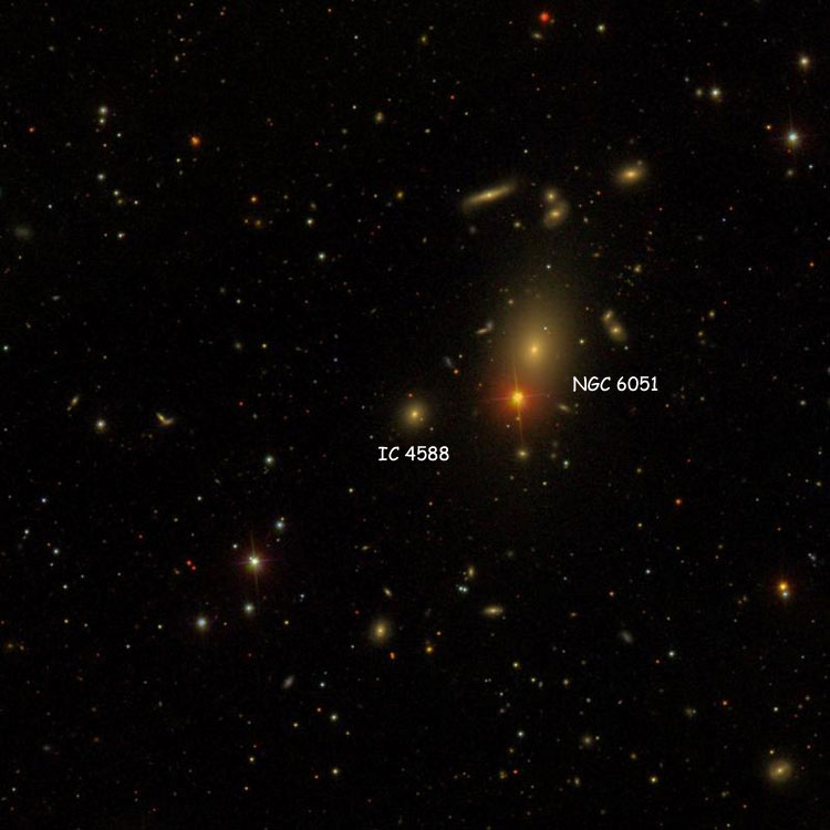 SDSS image of region near elliptical galaxy IC 4588, also showing NGC 6051