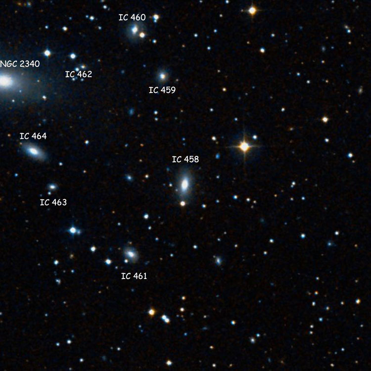 DSS image of region near lenticular galaxy IC 458, also showing lenticular galaxies IC 459, 460 and 461, spiral galaxy IC 463, elliptical galaxy 464 and elliptical galaxy NGC 2340, and the star (and companion galaxy) listed as IC 462