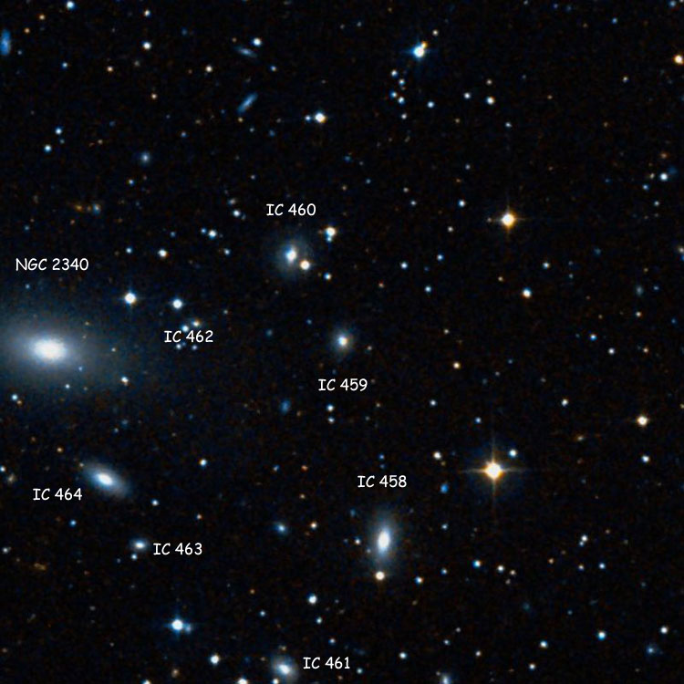 DSS image of region near lenticular galaxy IC 459, also showing lenticular galaxies IC 458, 460 and 461, spiral galaxy IC 463, elliptical galaxy 464 and elliptical galaxy NGC 2340, and the star (and companion galaxy) listed as IC 462