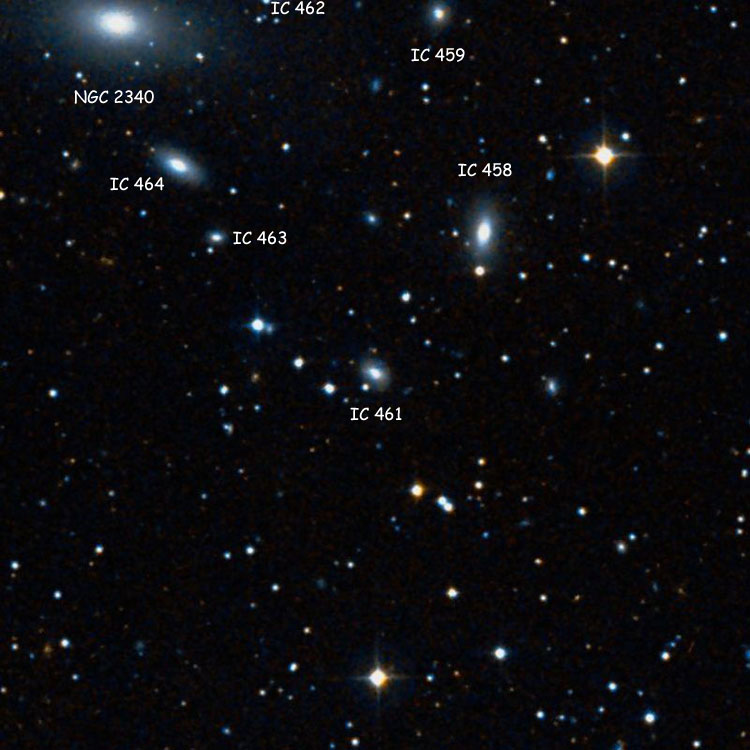 DSS image of region near lenticular galaxy IC 461, also showing lenticular galaxies IC 458 and 459, spiral galaxy IC 463, elliptical galaxy IC 464, elliptical galaxy NGC 2340, and the star (and companion galaxy) listed as IC 462