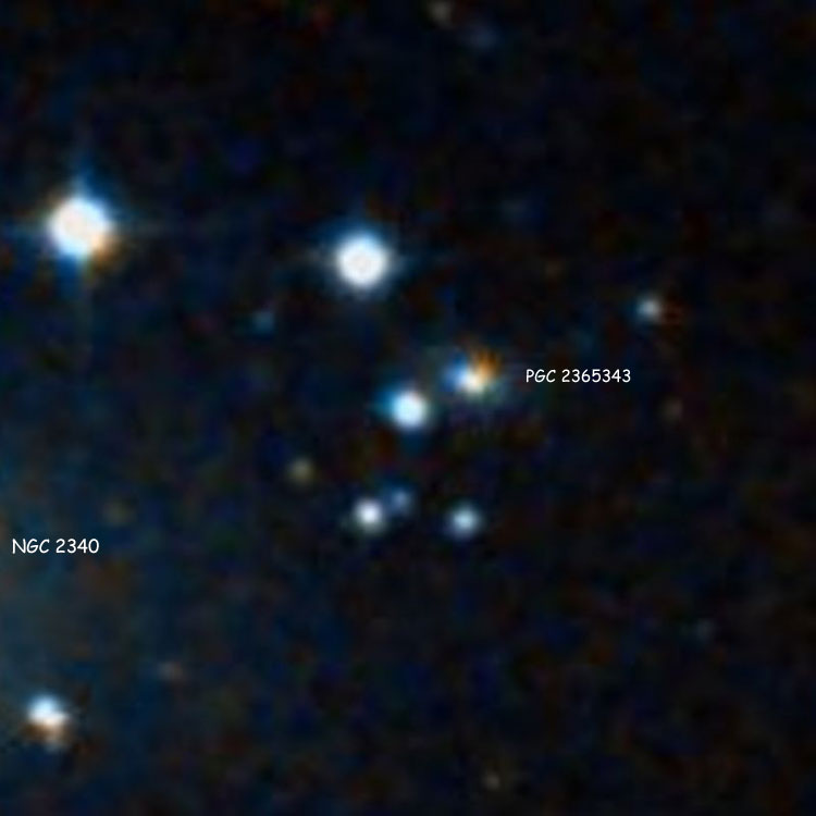 DSS image of the star listed as IC 462, and of PGC 2365343, the galaxy that may have led Kobold to think the star a nebulous object; also shown is the western edge of NGC 2340