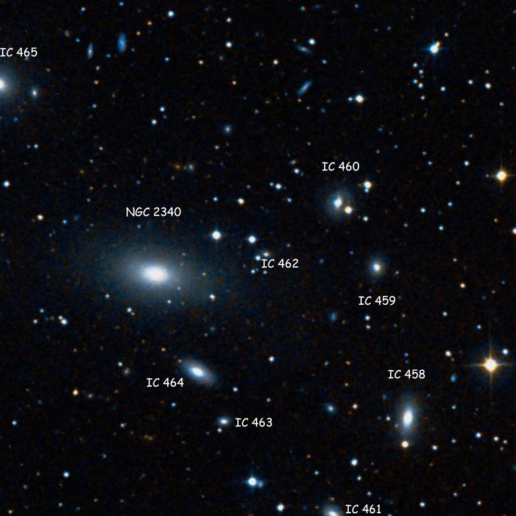 DSS image of region near the star (and companion galaxy) listed as IC 462, also showing lenticular galaxies IC 458, 459, 460, 461 and 465, spiral galaxy IC 463, elliptical galaxy IC 464, and elliptical galaxy NGC 2340