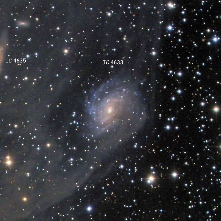 Wikisky cutout of image submitted by Jim Riffle of region near spiral galaxy IC 4633, also showing part of IC 4635