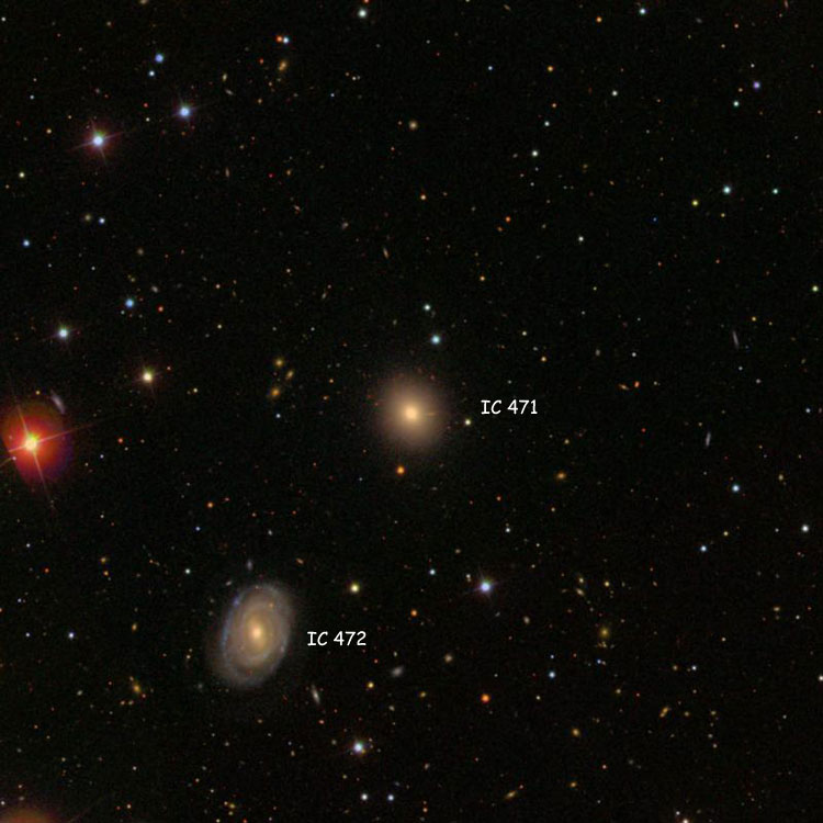 SDSS image of region near elliptical galaxy IC 471, also showing spiral galaxy IC 472