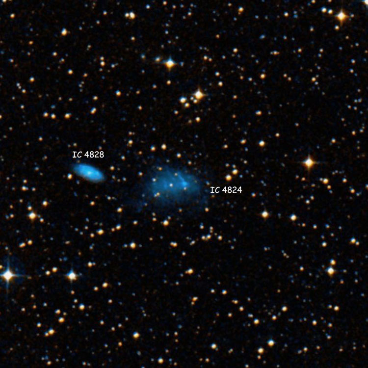 DSS image of region near irregular galaxy IC 4824, also showing IC 4828