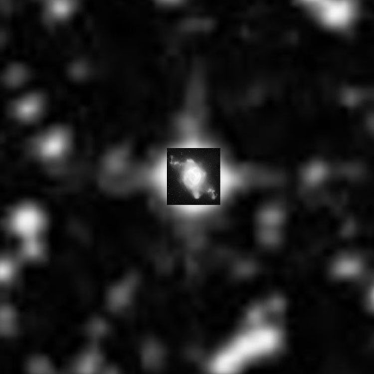 HST image of region near planetary nebula IC 4846 overlaid on a DSS image of the region to show the size of the nebula