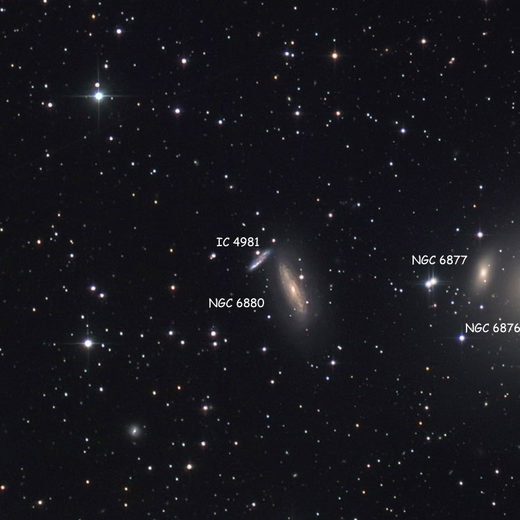 Capella Observatory image of region near irregular galaxy IC 4981, also showing NGC 6877, NGC 6880 and part of NGC 6876