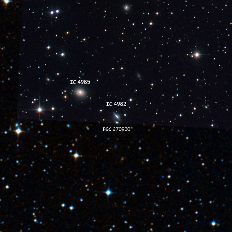 Capella Observatory image of region near peculiar galaxy IC 4982 (superimposed on a DSS background to fill in missing areas), also showing IC 4985 and PGC 270900