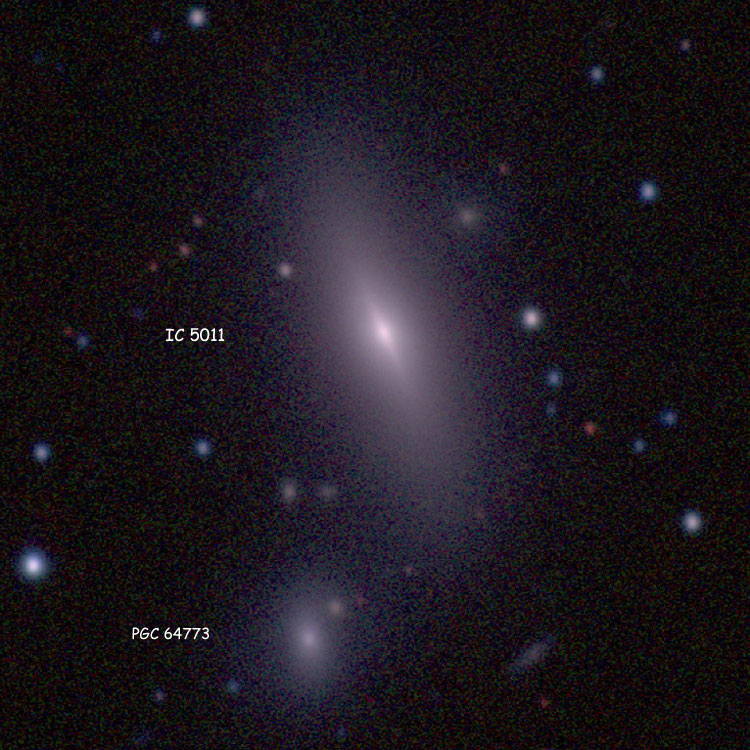 Carnegie-Irvine Galaxy Survey image of lenticular galaxy IC 5011, also showing elliptical galaxy PGC 64773, which is sometimes misidentified as IC 5013