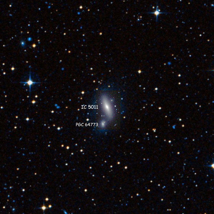 DSS image of region near lenticular galaxy IC 5011, also showing elliptical galaxy PGC 64773, which is sometimes misidentified as IC 5013