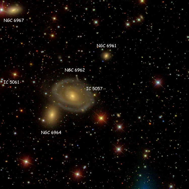 SDSS image of region near the star listed as IC 5057, also showing NGC 6961, NGC 6962, NGC 6964, NGC 6967 and IC 5061