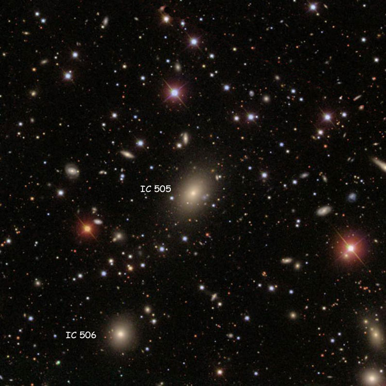 SDSS image of region near lenticular galaxy IC 505, also showing elliptical galaxy IC 506