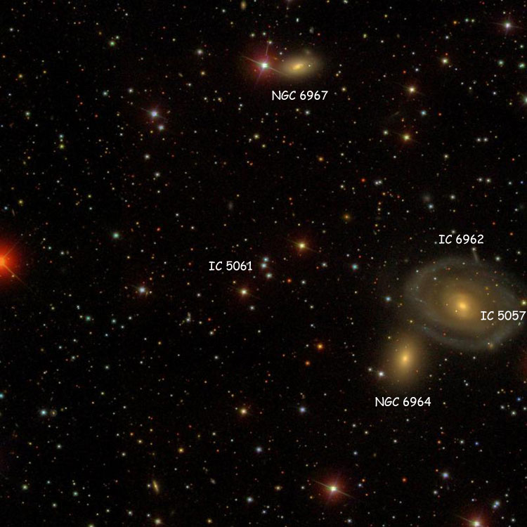 SDSS image of region near the three stars listed as IC 5061, also showing NGC 6962, NGC 6964 and NGC 6967, and the star listed as IC 5057