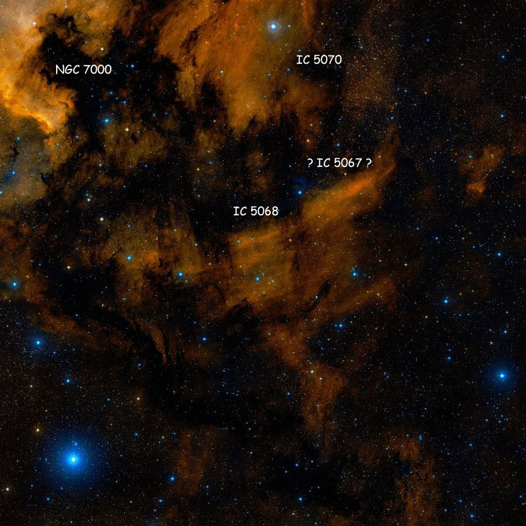 DSS image of region near IC 5068, also showing part of NGC 7000 and IC 5070, and the nebulosity tentatively identified by Corwin as IC 5067