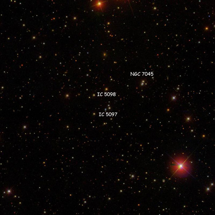 SDSS image of region near the asterism that is probably IC 5097, also showing the star that is probably IC 5098, and the double star that is NGC 7045; the alternative identifications for IC 5097 and IC 5098 are circled