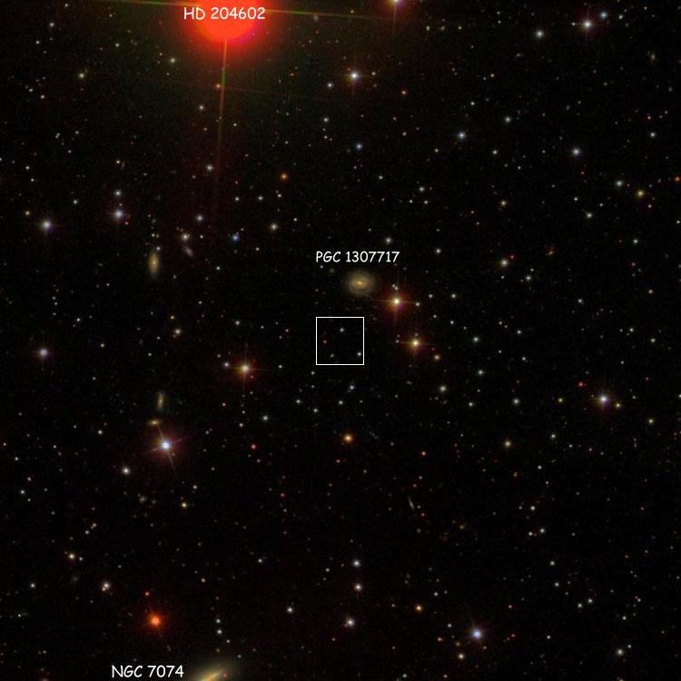 SDSS image of region near Bigourdan's position for IC 5112, also showing PGC 1307717, which is almost certainly not IC 5112, and part of NGC 7074