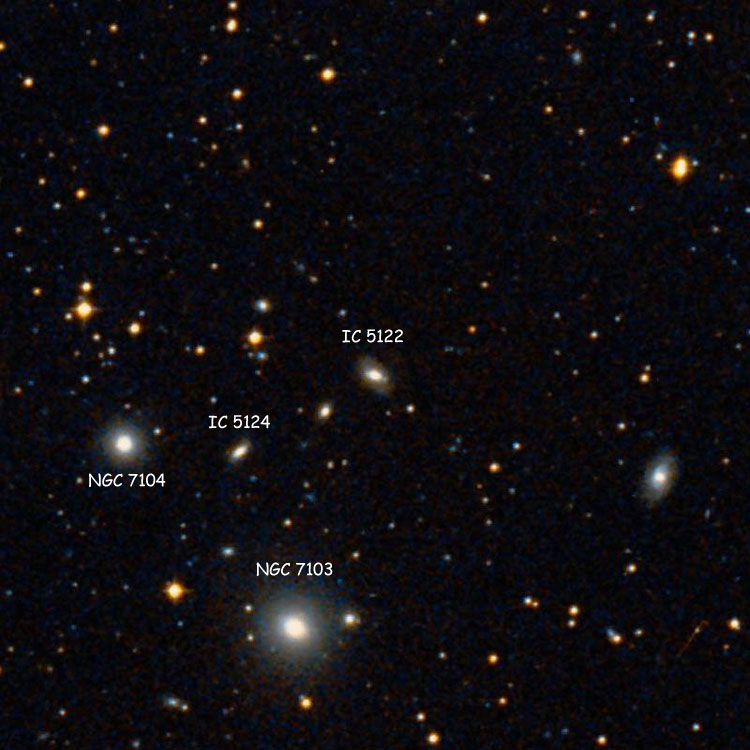 DSS image of region near lenticular galaxy IC 5122, also showing NGC 7103, NGC 7104 and IC 5124