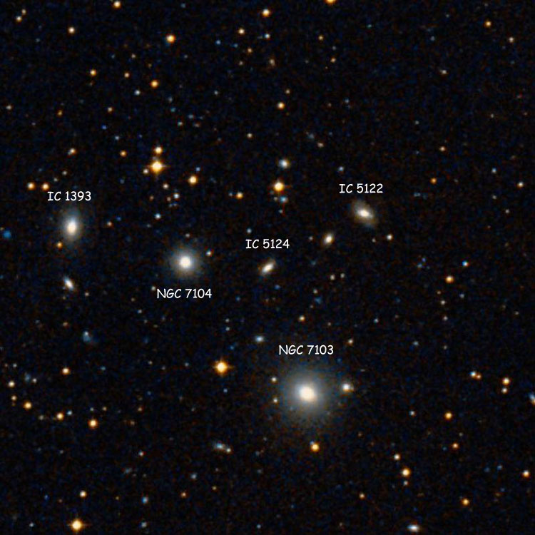 DSS image of region near lenticular galaxy IC 5124, also showing NGC 7103, NGC 7104 and IC 5122