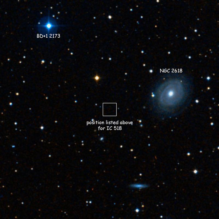 SDSS image of region near Bigourdan's position (shown by a box) for the apparently nonexistent IC 518, also showing NGC 2618