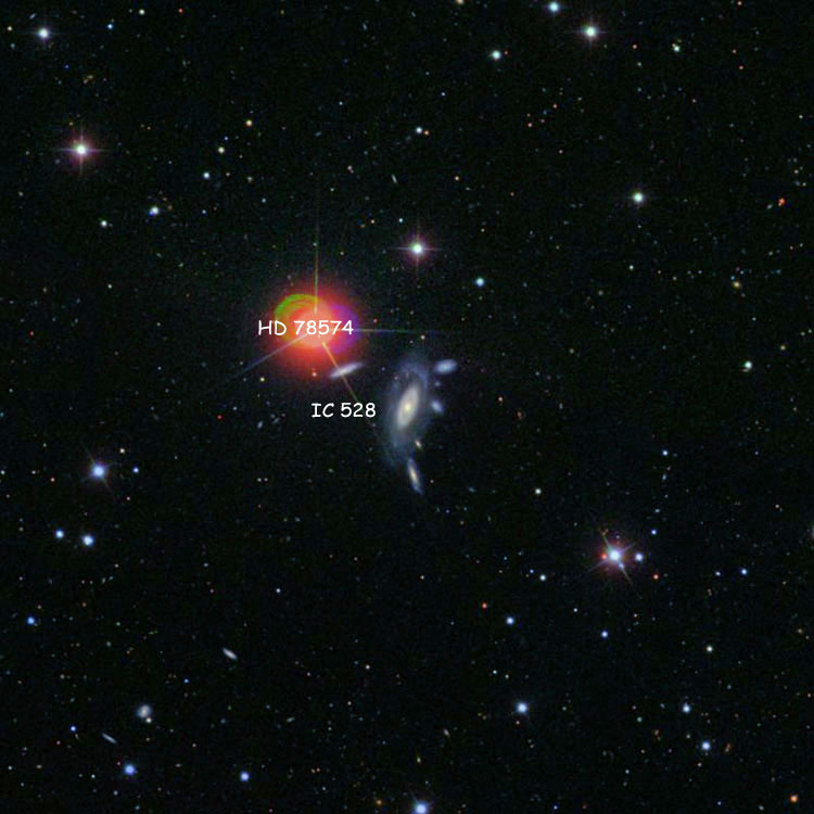SDSS image of region near spiral galaxy IC 528 and the optical companions with which it comprises Hickson Compact Group 36