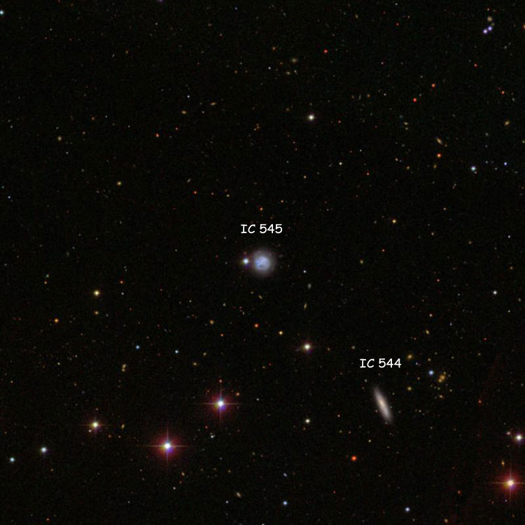 SDSS image of region near spiral galaxy IC 545, also showing spiral galaxy IC 544