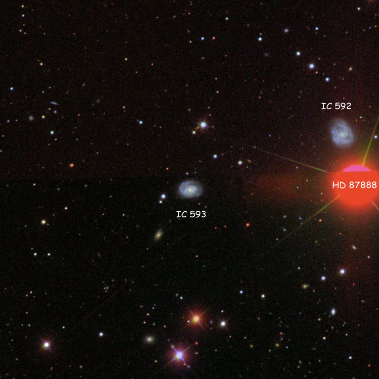 SDSS image of region near spiral galaxy IC 593, also showing spiral galaxy IC 592