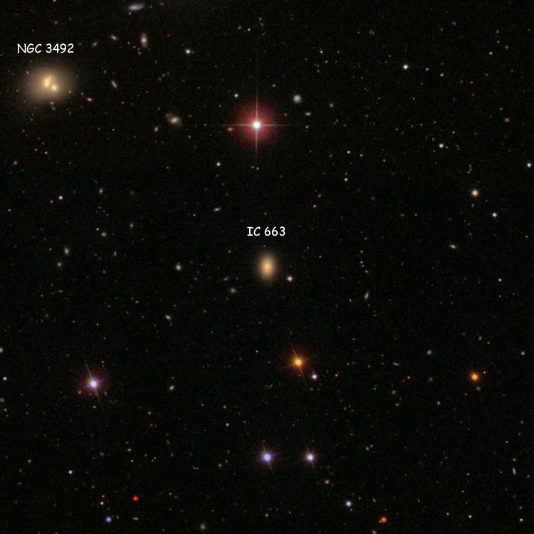 SDSS image of region near lenticular galaxy IC 663, also showing multiple galaxy NGC 3492