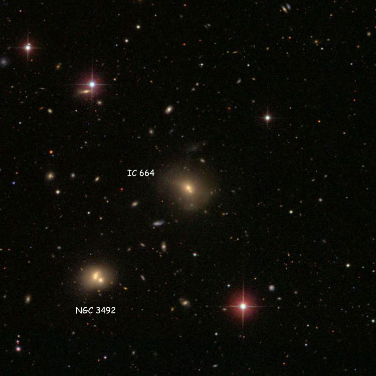 SDSS image of region near lenticular galaxy IC 664, also showing multiple galaxy NGC 3492