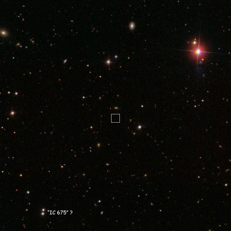 SDSS image of region centered on Javelle's position for IC 675, also showing the pair of stars that might be what he actually observed