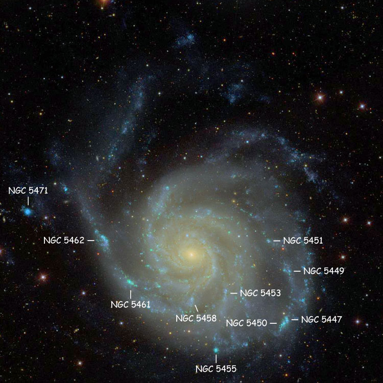 SDSS image of spiral galaxy NGC 5457, also known as M101 and Arp 26, with labels showing NGC objects 'connected with' the galaxy