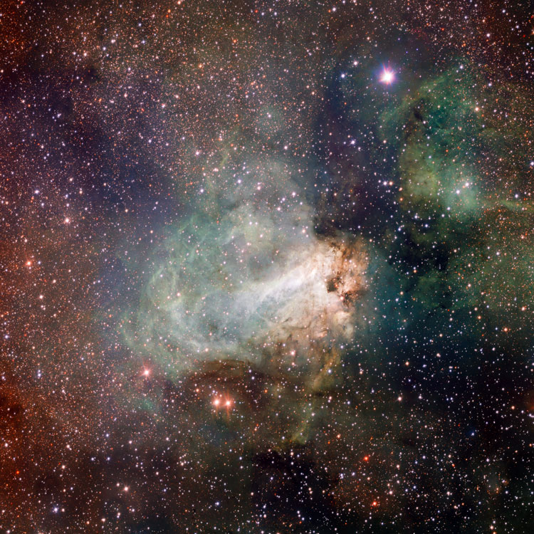 Wide-field ESO multi-spectral image of emission nebula and open cluster NGC 6618, also known as M17, or the Swan Nebula