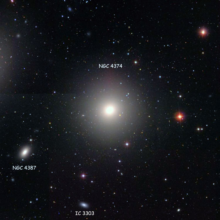 SDSS image of region near elliptical galaxy NGC 4374, also known as M84; also shown are NGC 4387 and IC 3303
