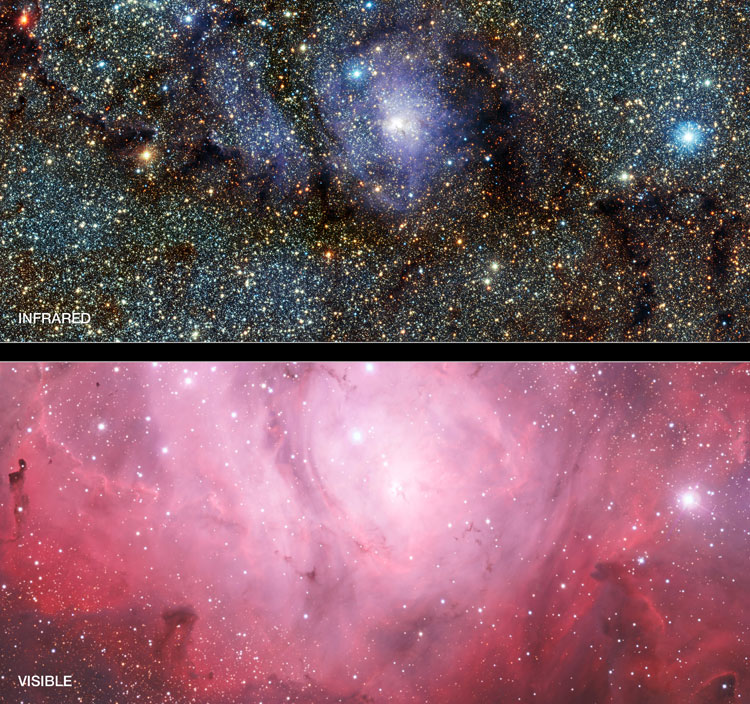 Comparison of ESO infrared and visible-light images of NGC 6533, part of the Lagoon Nebula, also known as M8, or as NGC 6523 and 6526