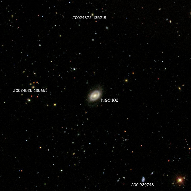 SDSS image of region near lenticular galaxy NGC 102, also showing several PGC galaxies