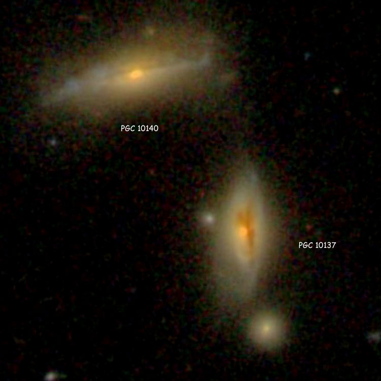 SDSS image of spiral galaxy PGC 10137, also known as NGC 1048A, and lenticular galaxy PGC 10140, also known as NGC 1048B; the pair comprise NGC 1048