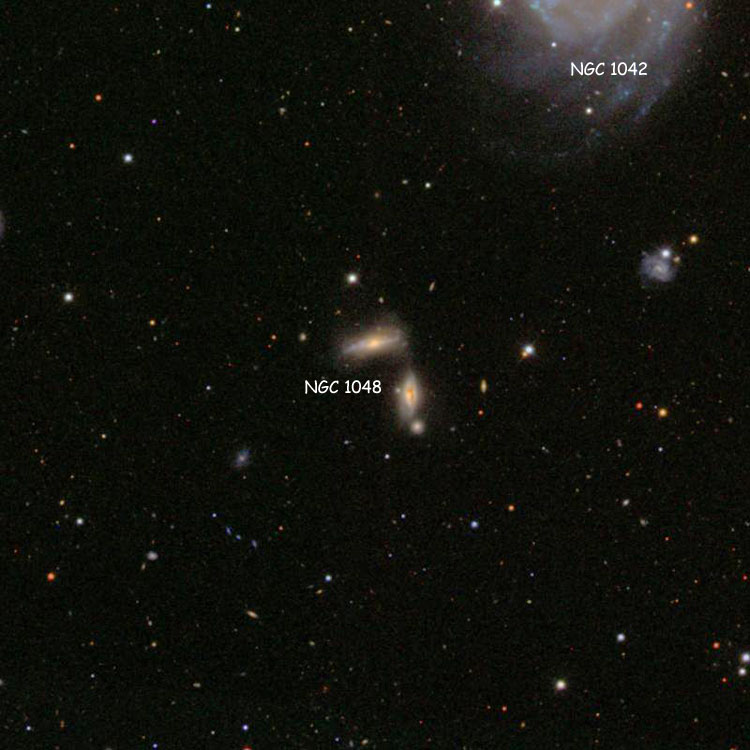 SDSS image of region near spiral galaxy PGC 10137, also known as NGC 1048A, and lenticular galaxy PGC 10140, also known as NGC 1048B; the pair comprise NGC 1048. Also shown is the southernmost portion of NGC 1042