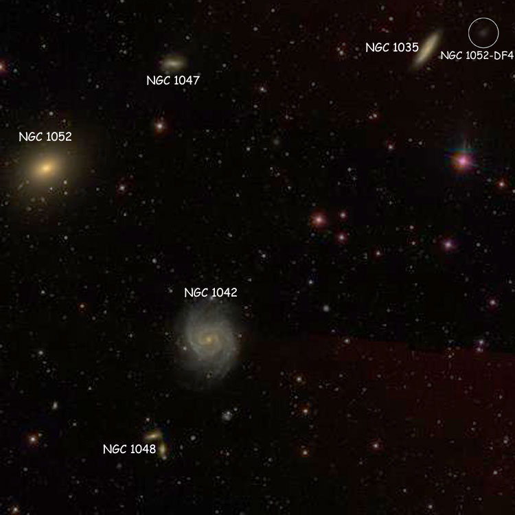 SDSS image of region near ultra diffuse spheroidal galaxy PGC 6775361, also known as NGC 1052-DF4, also showing NGC 1035, NGC 1042, NGC 1047, NGC 1048 and NGC 1052
