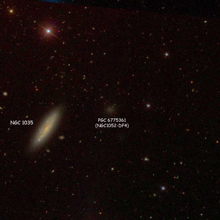 SDSS image of region near ultra diffuse spheroidal galaxy PGC 6775361, also known as NGC 1052-DF4, also showing NGC 1035
