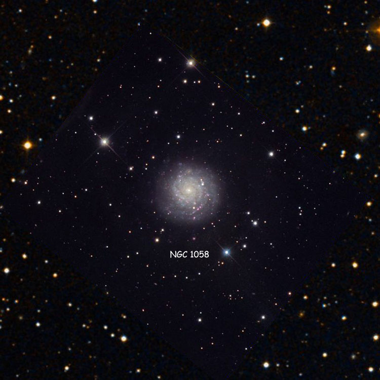 NOAO image of region near spiral galaxy NGC 1058 superimposed on a DSS background to fill in missing areas