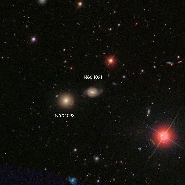 SDSS image of region near spiral galaxy NGC 1091, a member of Hickson Compact Group 21, overlaid on a DSS background to fill in missing areas; also shown is another member of the Compact Group, NGC 1092